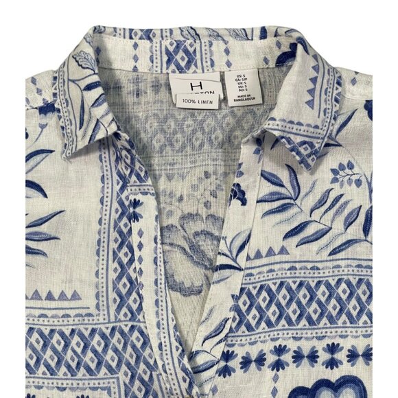 H by Halston Women’s Small Linen Blue White Floral Blouse - Picture 5 of 9